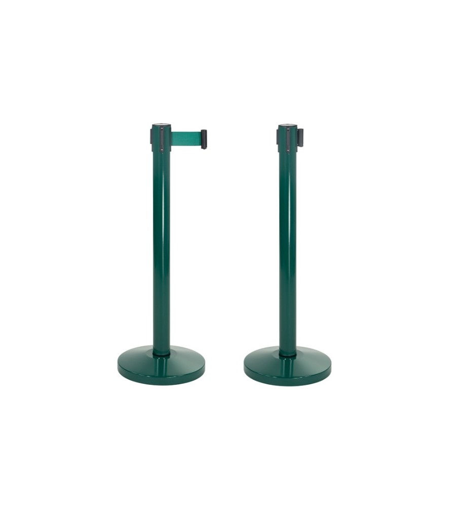 Foto Poste metálico de acero color verde con cinta retráctil extensible color verde de 2m